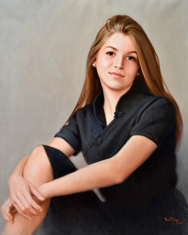 Oil portrait painting of a child in a black dress by Hazel Morgan