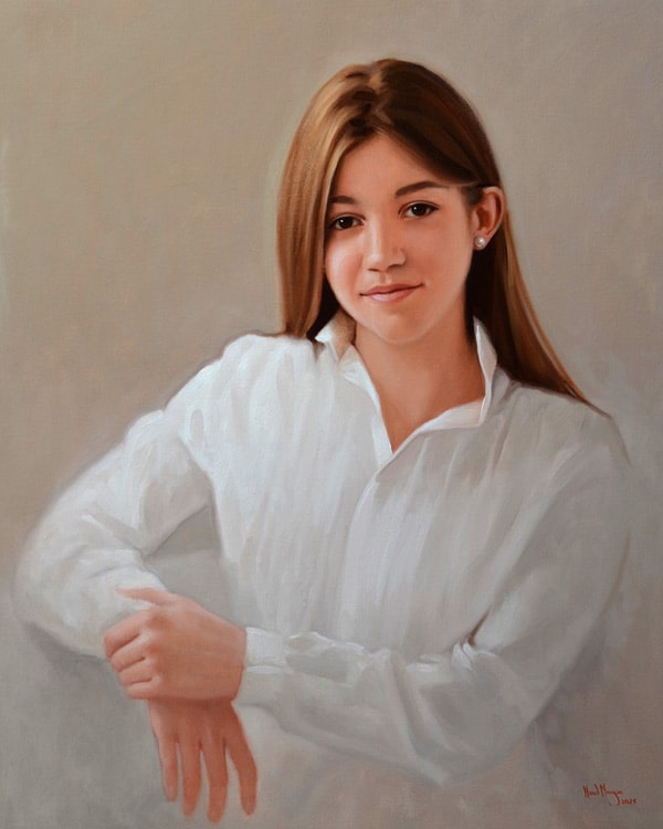 Oil portrait painting of a child in a blouse by Hazel Morgan
