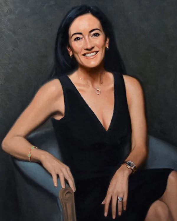 Oil portrait painting of a woman in a black dress seated by Hazel Morgan