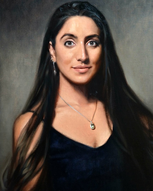 Oil portrait painting of a girl with black hair by Hazel Morgan